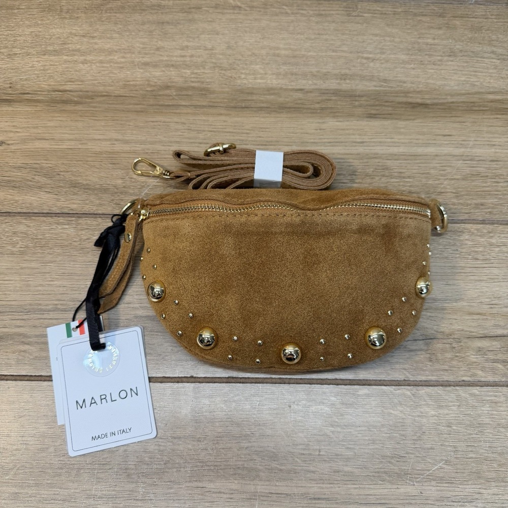 Marlon Firenze Italy Suede Brown Studs Crescent Waist Sling Bag Fanny Pack Boho